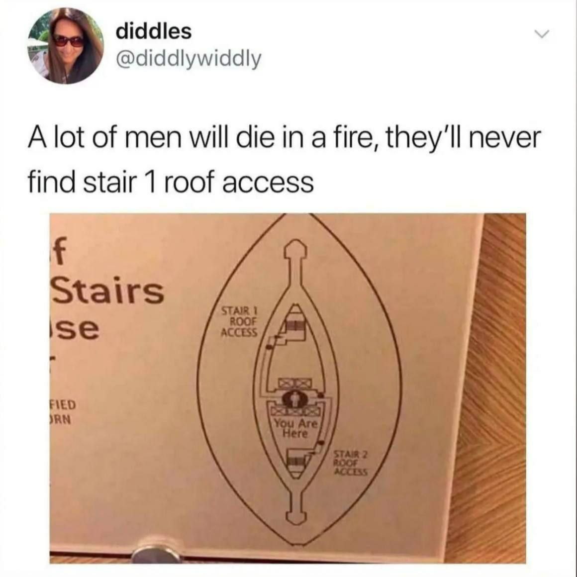 diddles @diddlywiddly A lot of men will die in a fire, they'll never find stair 1 roof access Sta