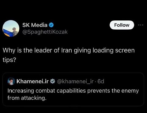 Why is the leader of Iran giving loading screen Increasing combat capabilities prevents the enemy