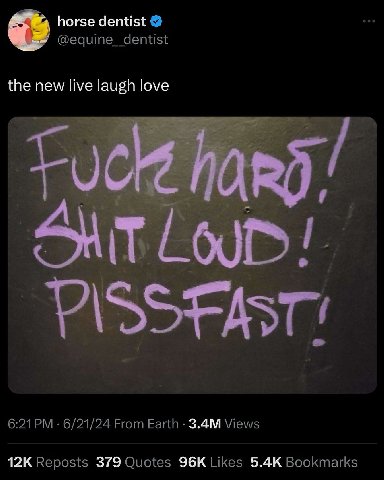 horse dentist @equine_dentist the new live laugh love к. i 6:21 6/21/24 From Earth Views Reposts 379 Quotes Likes Bookmarks