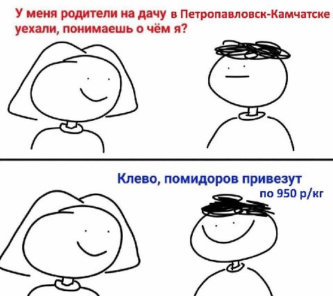 У меня родители на дачу в Петропавловск-Камчатске уехали, понимаешь о чём я? Клево, помидоров привезут no 950 р/кг