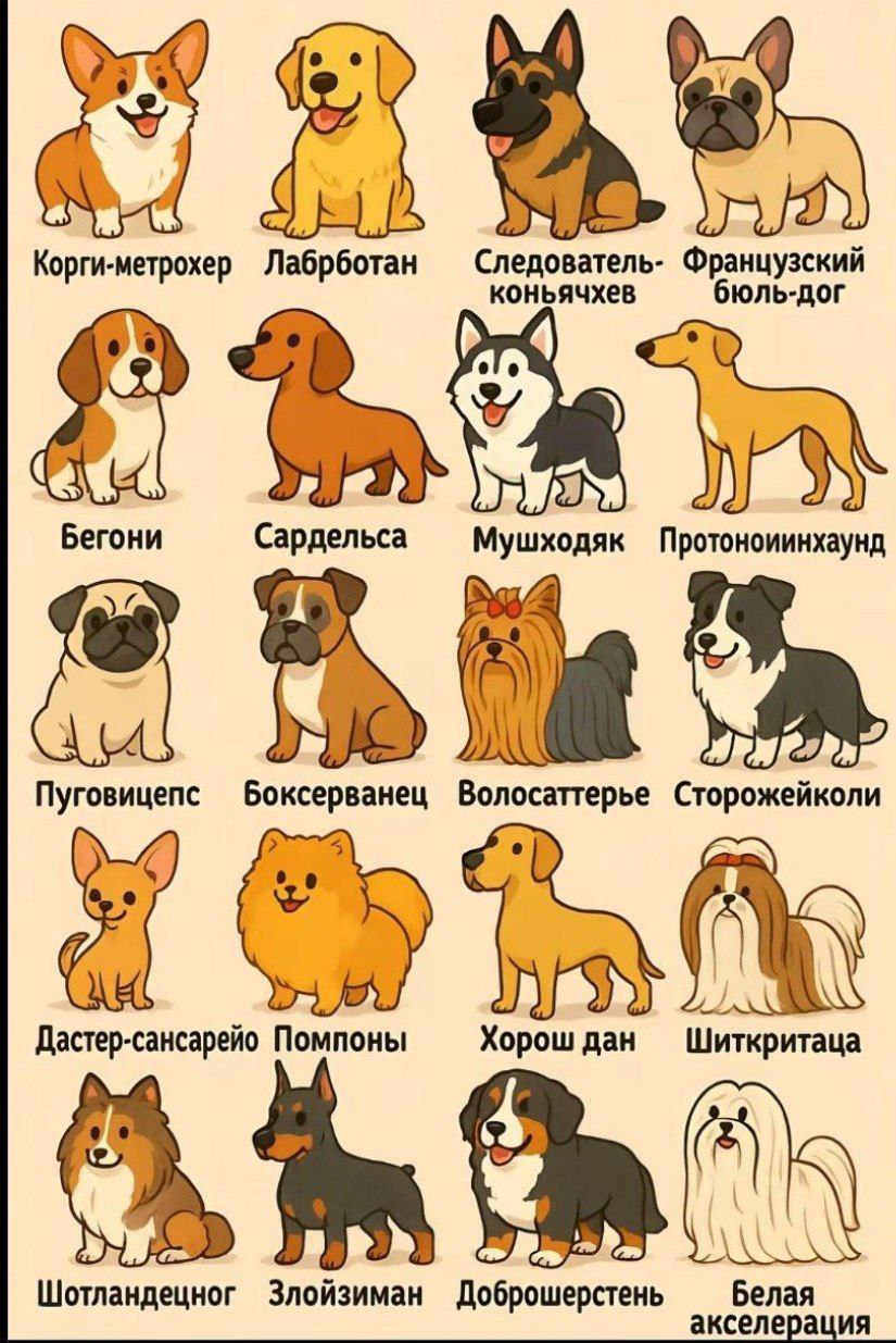 Корги-метрохер Лабрботан Следователь- Французский коньячхев бюль-дог Бегони Сардельса Мушходяк Пуговицепс Волосаттерье Сторожейколи Дастер-сансарейо Помпоны Хорош дан Шотландецног Злойзиман Доброшерст