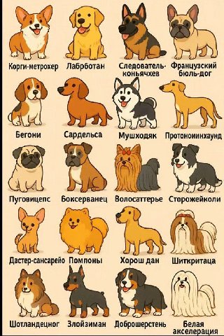 Корги-метрохер Лабрботан Следователь- Французский коньячхев бюль-дог Бегони Сардельса Мушходяк Пуговицепс Волосаттерье Сторожейколи Дастер-сансарейо Помпоны Хорош дан Шотландецног Злойзиман Доброшерст