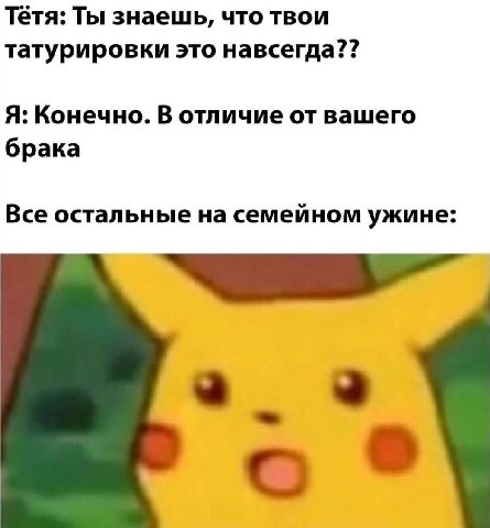 Тётя: Ты знаешь, что твои татурировки это навсегда?? Я: Конечно. В отличие от вашего брака Все остальные на семейном ужине: о
