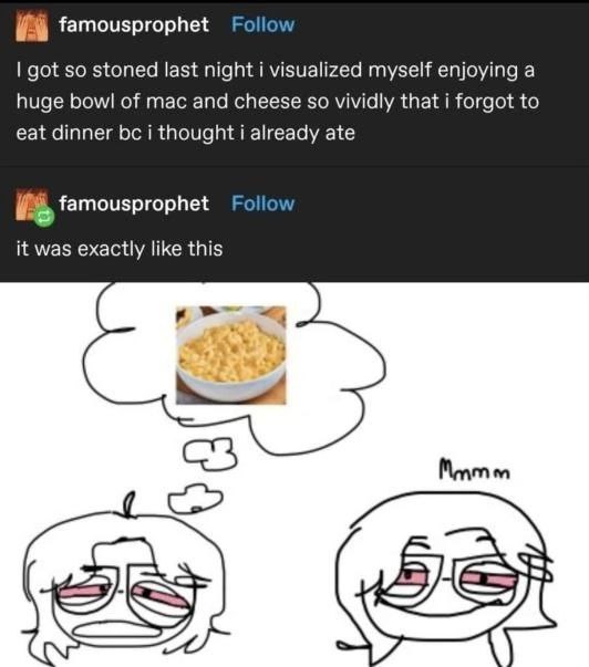 Follow got so stoned last night i visualized myself enjoying a huge bowl of mac and cheese so vividly that i forgot to eat dinner i thought i already ate famousprophet Follow it was exactly like this