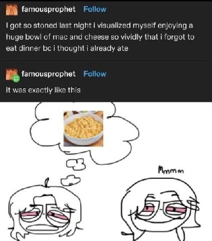 Follow got so stoned last night i visualized myself enjoying a huge bowl of mac and cheese so vividly that i forgot to eat dinner i thought i already ate famousprophet Follow it was exactly like this