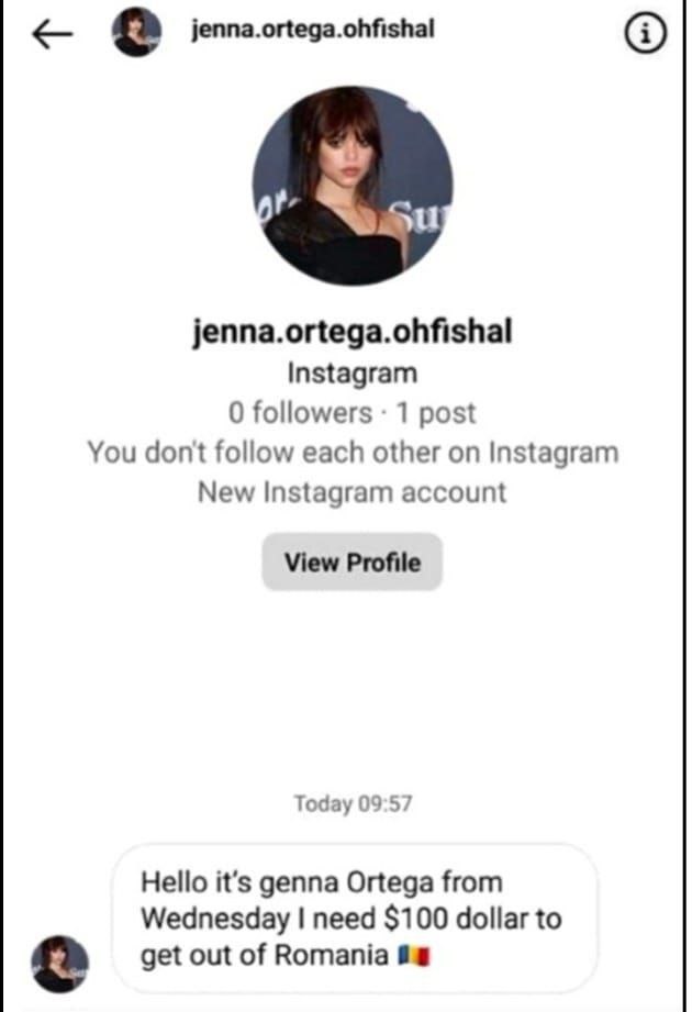 jenna.ortega.ohfishal jenna.ortega.ohfishal Instagram 0 followers 1 post You don't follow each other on Instagram New Instagram account View Profile Today 09:57 Hello it’s genna Ortega from Wednesday 