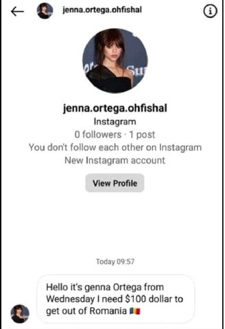 jenna.ortega.ohfishal jenna.ortega.ohfishal Instagram 0 followers 1 post You don't follow each other on Instagram New Instagram account View Profile Today 09:57 Hello it’s genna Ortega from Wednesday 