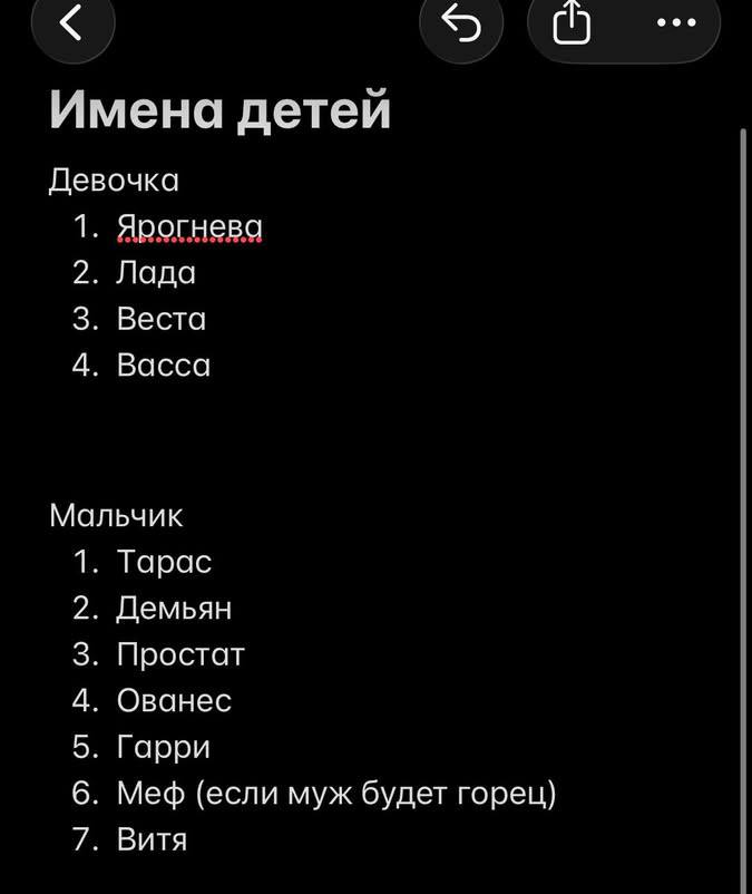 Имена детей Девочка 1. Ярогнева 2. Лада 3. Веста 4. Васса Мальчик 1. Тарас 2. Демьян 3. Простат 4. Ованес 5. Гарри 6. Меф (если муж будет горец) 7. Витя