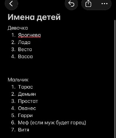 Имена детей Девочка 1. Ярогнева 2. Лада 3. Веста 4. Васса Мальчик 1. Тарас 2. Демьян 3. Простат 4. Ованес 5. Гарри 6. Меф (если муж будет горец) 7. Витя