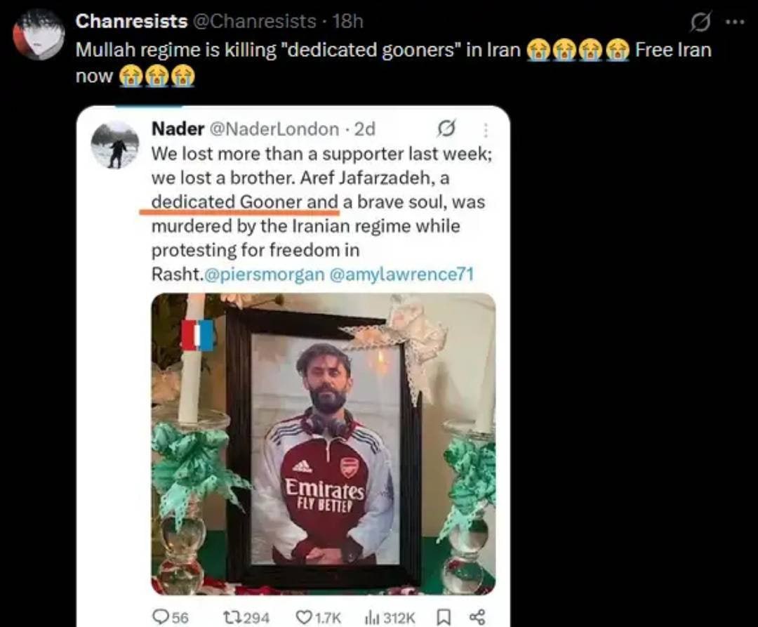 Mullah regime is killing "dedicated gooners" in Free Iran now Nader (5 We lost more {Пап а last week; we lost a brother. Aref Jafarzadeh, a dedicated Gooner and a brave soul, We iS murdered the Irania