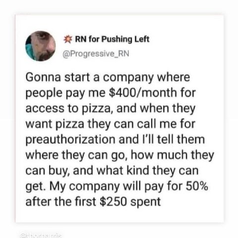 for Pushing Left @Progressive_RN Gonna start a company where people pay me $400/month for access to pizza, and when they want pizza they can call me for preauthorization and I'll tell them where they 