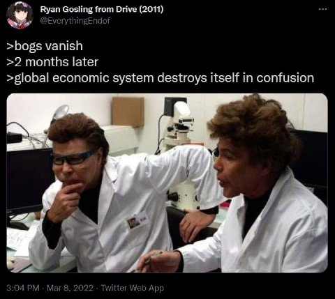 Ryan Gosling from Drive (2011) @EverythingEndof >bogs vanish >2 months later >global economic system destroys itself in confusion 3:04 Mar 8, 2022 Twitter Web App