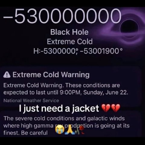 Black Hole Extreme Cold -53001900° Extreme Cold Warning Extreme Cold Warning. These conditions are expected to last until Sunday, June 22. National Weather Service just need a jacket The severe cold c