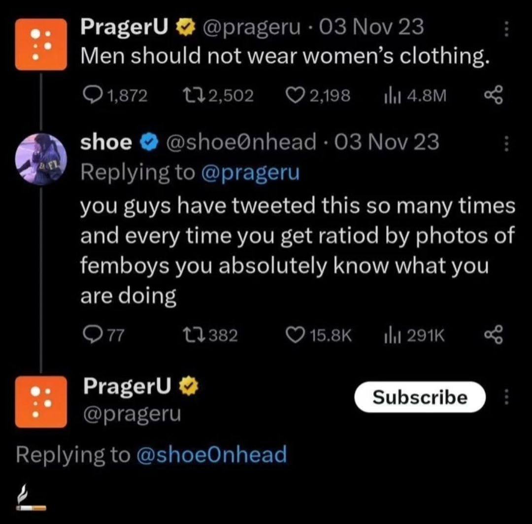 о. PragerU Men should not wear women’s clothing shoe you внуз have tweeted this so many times and every time you eet ratiod photos of fomboys you absolutely know what you are doing PragerU