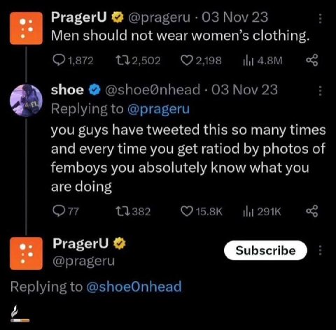 о. PragerU Men should not wear women’s clothing shoe you внуз have tweeted this so many times and every time you eet ratiod photos of fomboys you absolutely know what you are doing PragerU