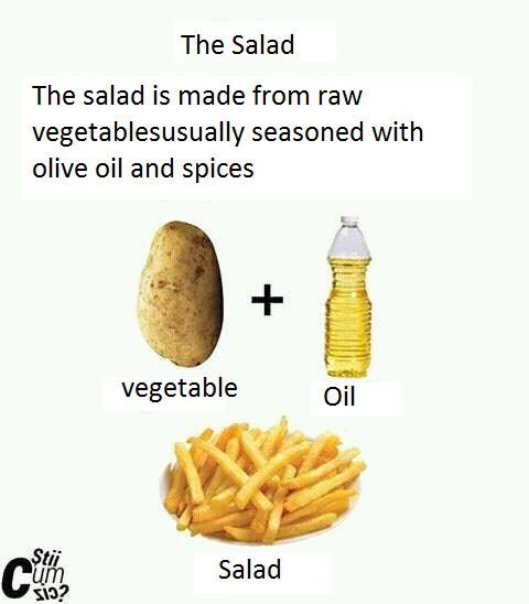 The Salad The salad is made from raw vegetablesusually seasoned with olive oil and spices vegetable Oil Salad $52