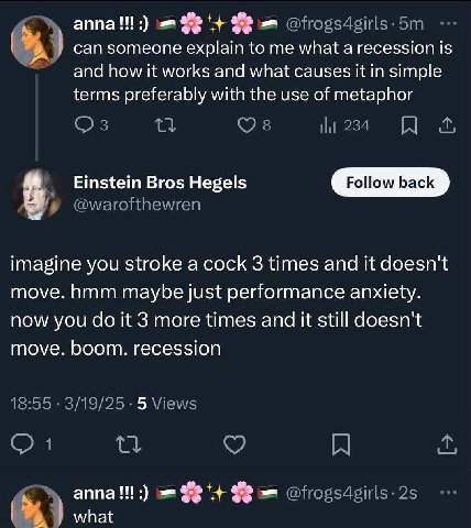 аппа!!:) can someone explain to me what а recession is and howit works and what causes it in simple terms preferably with the use of metaphor 234 Einstein Bros Hegels imagine you stroke a cock 3 times