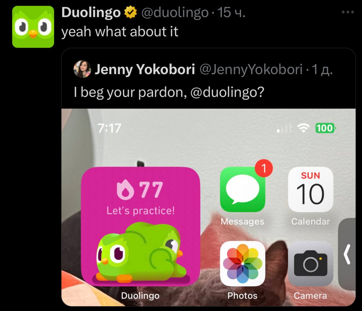 Duolingo 0.0 yeah what about it Jenny Yokobori beg your pardon, @duolingo? 100) SUN 077 10 practice! Calendar 7 Photos Camera