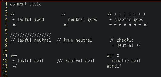 1 comment style 2 3 4 lawful 5009 neutral chaotic good 5 6 8 lawful neutral true neutral chaotic 9 neutral 19 11 #if 9 12 lawful evil neutral evil chaotic evil 13 #endif 14