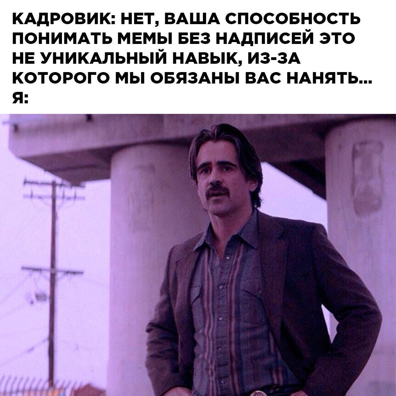 КАДРОВИК: НЕТ, ВАША СПОСОБНОСТЬ ПОНИМАТЬ МЕМЫ БЕЗ НАДПИСЕЙ ЭТО НЕ УНИКАЛЬНЫЙ НАВЫК, ИЗ-ЗА КОТОРОГО МЫ ОБЯЗАНЫ ВАС НАНЯТЬ A