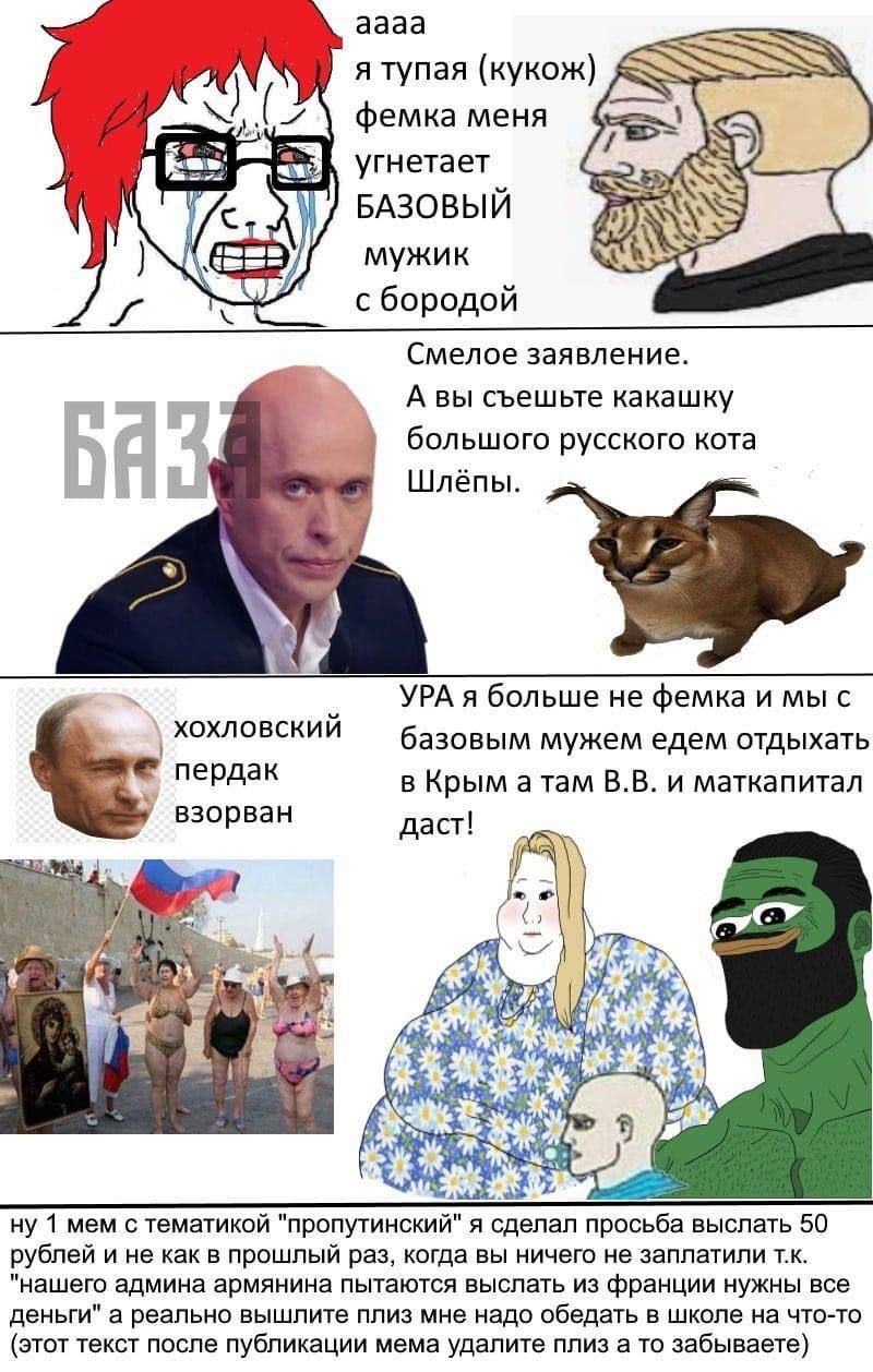 аааа я тупая (куко фемка меня угнетает БАЗОВЫЙ 5 мужик с бородой Смелое заявление. А вы съешьте какашку большого русского кота Шлёпы. УРА я больше не фемка и мы с базовым мужем едем отдыхать пердак в 
