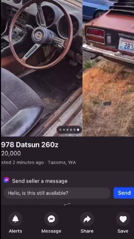 isted 2 minutes ago - Tacoma, WA ® Send seller a message 20k? Dude the car is literally eating itself. | Consider asking for a video < Seeyou there @ Hello, is this still available? "Send Alerts Messa