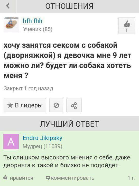 ОТНОШЕНИЯ hfh fhh Ученик (85) хочу занятся сексом с собакой (дворняжкой) я девочка мне 9 лет можно ли? будет ли собака хотеть меня Закрыт 1 год назад ж Влидеры ЛУЧШИИ ОТВЕТ Endru Jikipsky Мудрец (1103