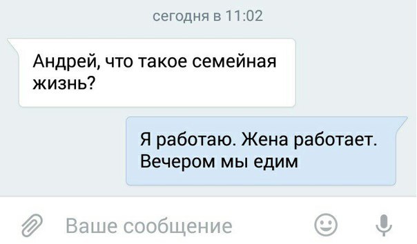 сегодня в 11:02 Андрей, что такое семейная жизнь? Я работаю. Жена работает Вечером мы едим