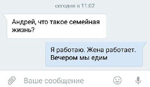 сегодня в 11:02 Андрей, что такое семейная жизнь? Я работаю. Жена работает Вечером мы едим