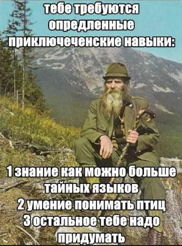 тебе требуются опредленные приключеченские навыки у 13HaHHe Kak можно больше тайных ЯЗЫКОВ. 2 умение понимать ПТИЦ остальное. тебе надо ‘придумать