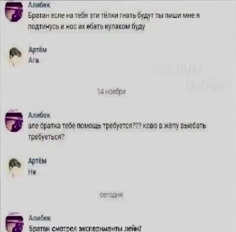 Алибек Братан есле на тебя эти телки гнать будут ты пиши мнея подтинусь и нос ебать кулаком буду Артём Ага 14 ноября Алибек але братка тебе помощь требуется??? ково в жёпу выебать требуеться? Артём Не