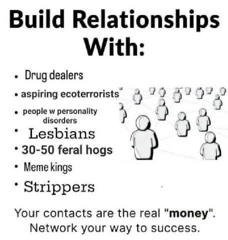 Build Relationships With: Drug dealers ecoterrorists 2 70 people personality 4 С У disorders Lesbians 30-50 feral hogs С Meme kings Strippers Your contacts are the real "топеу". Network your way to su