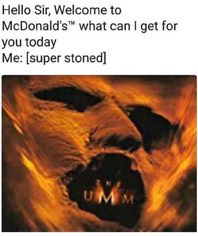 Hello Sir, Welcome to McDonald's™ what can get for you today Me: [super stoned] А