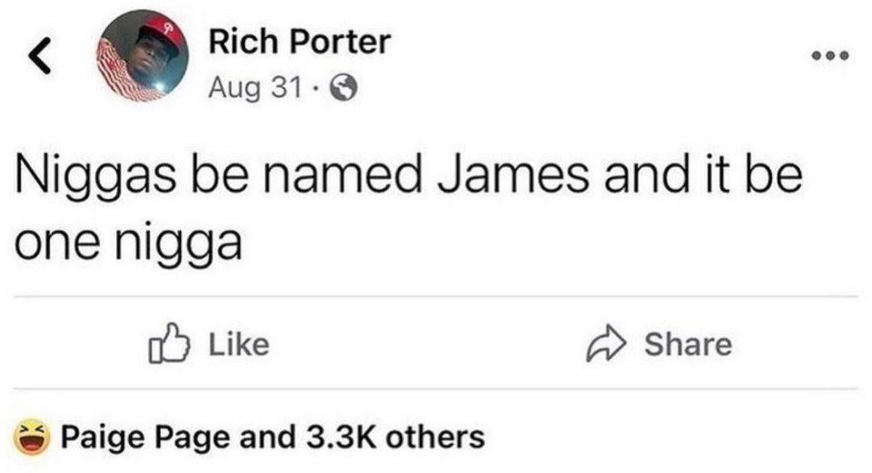 Rich Porter we” 31 Niggas be named James and it be one nigga Like Share Paige Page and others