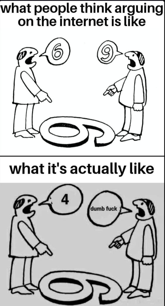 what people think arguing on the internet is like what it's actually like