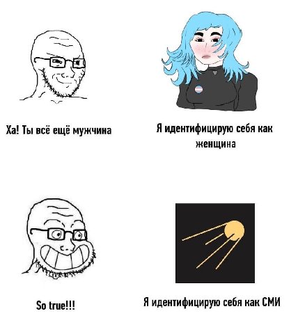 Ты всё ещё мужчина Я идентифицирую себя как женщина So true!!! Я идентифицирую себя как СМИ