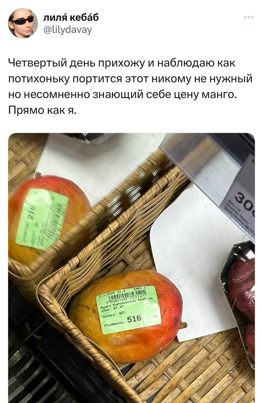 лиля кебаб ’@Шудауау Четвертый день прихожу и наблюдаю как потихоньку портится этот никому не нужный но несомненно знающий себе цену манго. Прямо с 7 А 7 53 516 aN