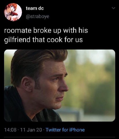 team @straboye roomate broke up with his gilfriend that cook for 14:08 11 Jan 20 Twitter for iPhone