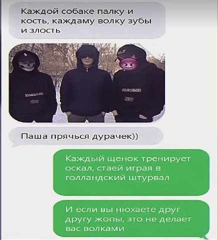 Каждой собаке палку и кость, каждаму волку зубы и злость я A Паша прячься дурачек)) Каждый щенок тренирует оскал, стаей играя в голландский штурвал И если вы нюхаете друг другу жопы, это не делает вас