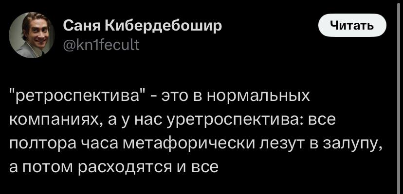 Саня Кибердебошир "ретроспектива" это в нормальных компаниях, нас уретроспектива: все полтора часа метафорически лезут в залупу, а потом расходятся и все