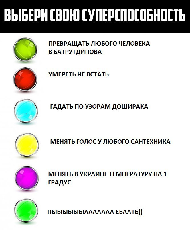 ВЫБЕРИ СВОЮ ПРЕВРАЩАТЬ ЛЮБОГО ЧЕЛОВЕКА В БАТРУТДИНОВА УМЕРЕТЬ НЕ ВСТАТЬ ГАДАТЬ ПО УЗОРАМ ДОШИРАКА МЕНЯТЬ ГОЛОС У ЛЮБОГО САНТЕХНИКА 7 МЕНЯТЬ В УКРАИНЕ ТЕМПЕРАТУРУ НА 1 ГРАДУС о ЕБААТЬ))