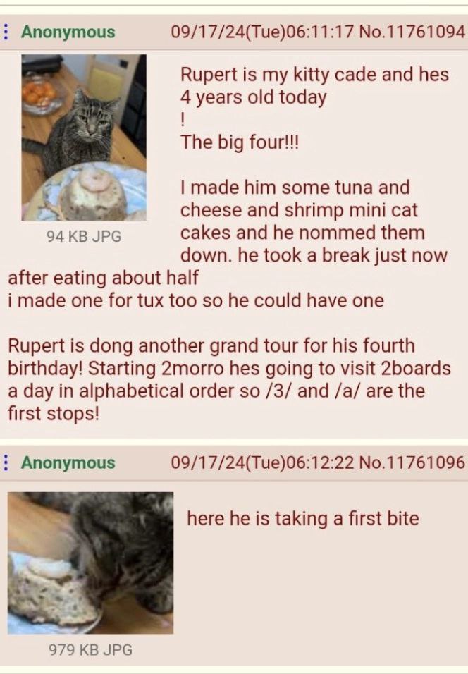 Anonymous 09/17/24(Tue)06:11:17 No.11761094 Rupert is my kitty cade and hes 4 years old today The big four!!! made him some tuna and cheese and shrimp mini cat 94 JPG cakes and he nommed them down. he