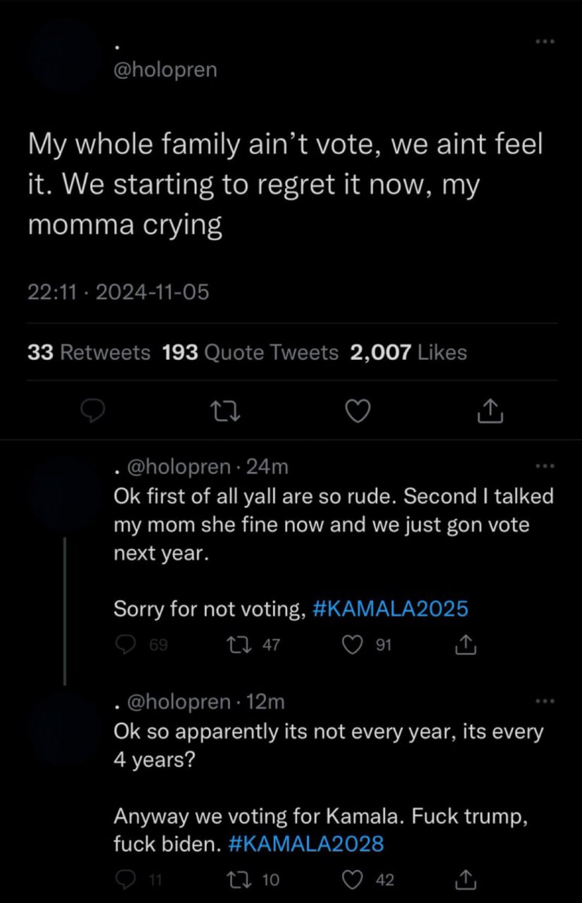 whole family vote, we aint feel it. We starting to regret it now. my momma crying 33 193 2,007 first of all yall are so rude. Second talked my mom she fine now and we just gon vote next year. Sorry fo