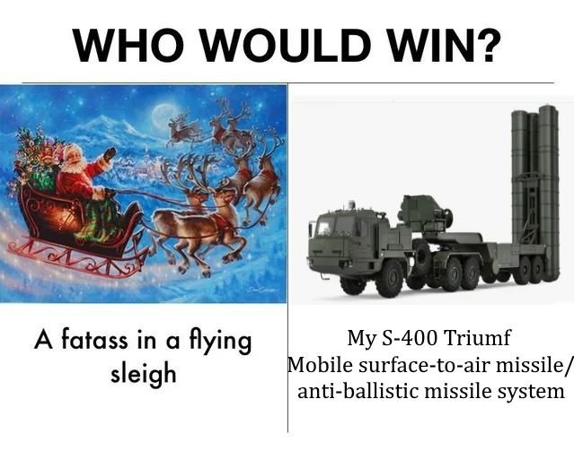a WHO WOULD WIN? A fatass in a flying My Triumf sleigh Mobile surface-to-air missile/ anti-ballistic missile system