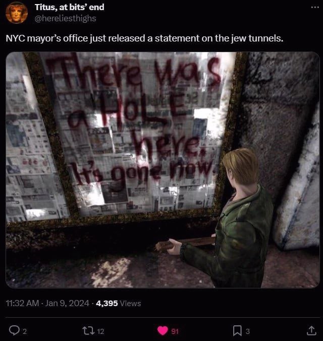 Titus, at bits’ end У @hereliesthighs NYC office just released a statement on the jew tunnels. у at А 11:32 Jan 9, 2024 4,395 Views