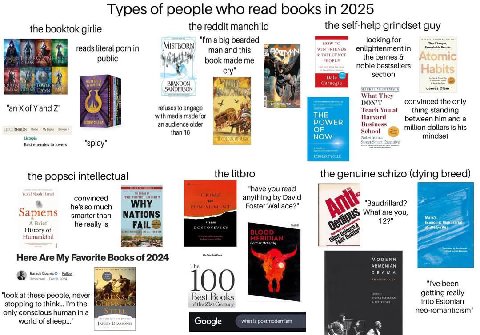Types of people who read books 2025 the booktok girlie the reddit manchild the self-help grindset guy looking for MISTBORN a big bearded WIN HOW reads literal porn in man and this INFLUENCE enlightenm