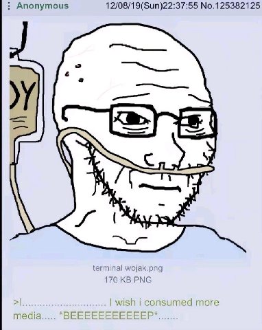 Anonymous 12/08/19(Sun)22:37:55 No.125382125 AN terminal wojak.png 170 PNG wish i consume more media 2 EEEEE