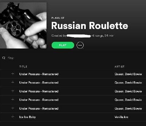 PLAYLIST Russian Roulette Created 6 songs, 24 min TITLE ARTIST Under Pressure Remastered Queen, David Bowie Under Pressure Remastered Queen, David Bowie Under Pressure Remastered Queen, David Bowie Un