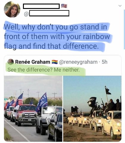 Well, why dont you stand front of them with your rainbow flag and find that difference. Renée Graham @reneeygraham See the difference? Me neither. a