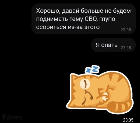 Хорошо, давай больше не будем поднимать тему СВО, глупо ссориться из-за этого Я спать 23:35 23:35